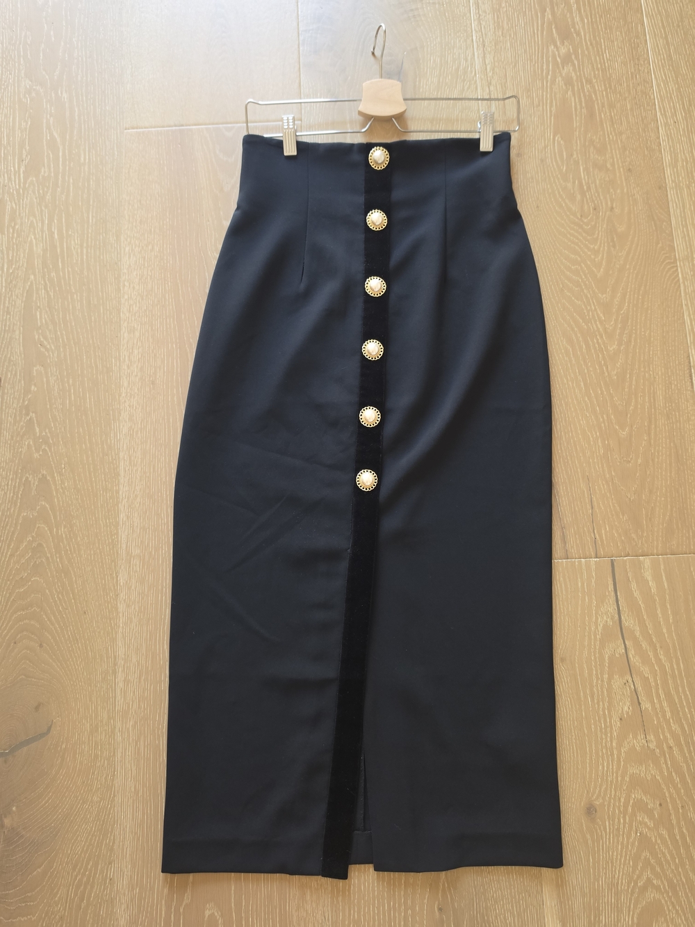 Ronny Kobo Collection Black Pencil Skirt with Gold Buttons